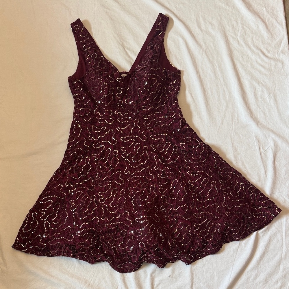 City Triangles Burgundy Sequin Fit-and-Flare prom Midi Dress